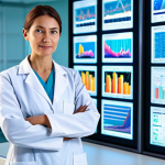 A professional female doctor, wearing a crisp, modest lab coat over professional attire, standing confidently in a brightly lit, state-of-the-art medical research laboratory. She is looking at a glowing holographic display showing intricate biological data and positive statistical graphs related to advancements in stomach cancer treatment. Advanced AI interfaces are subtly visible in the background, symbolizing technological progress and hope. Fully clothed, appropriate attire, modest clothing, professional dress, safe for work, appropriate content, perfect anatomy, correct proportions, natural pose, well-formed hands, proper finger count, natural body proportions, professional photography, high quality.