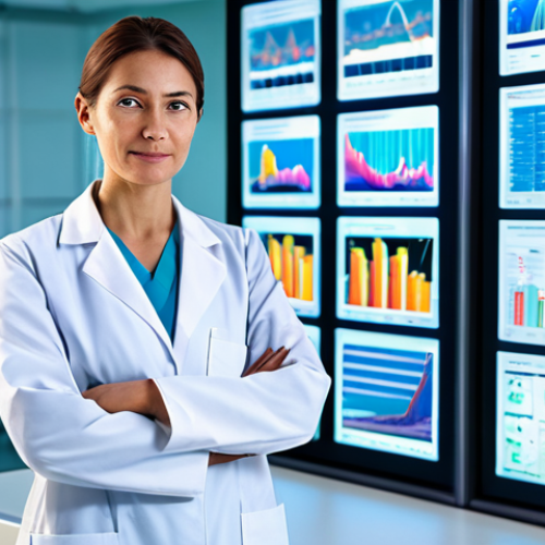 A professional female doctor, wearing a crisp, modest lab coat over professional attire, standing confidently in a brightly lit, state-of-the-art medical research laboratory. She is looking at a glowing holographic display showing intricate biological data and positive statistical graphs related to advancements in stomach cancer treatment. Advanced AI interfaces are subtly visible in the background, symbolizing technological progress and hope. Fully clothed, appropriate attire, modest clothing, professional dress, safe for work, appropriate content, perfect anatomy, correct proportions, natural pose, well-formed hands, proper finger count, natural body proportions, professional photography, high quality.