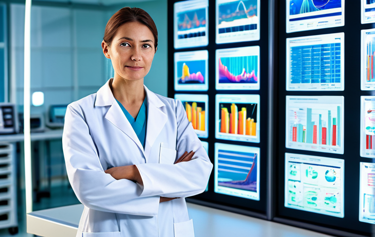 A professional female doctor, wearing a crisp, modest lab coat over professional attire, standing confidently in a brightly lit, state-of-the-art medical research laboratory. She is looking at a glowing holographic display showing intricate biological data and positive statistical graphs related to advancements in stomach cancer treatment. Advanced AI interfaces are subtly visible in the background, symbolizing technological progress and hope. Fully clothed, appropriate attire, modest clothing, professional dress, safe for work, appropriate content, perfect anatomy, correct proportions, natural pose, well-formed hands, proper finger count, natural body proportions, professional photography, high quality.