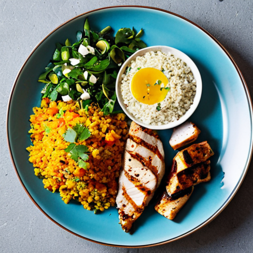 담석증 예방 생활 습관 - Healthy Eating Plate**

Prompt: "A vibrant overhead shot of a balanced Arabic meal on a traditional ...