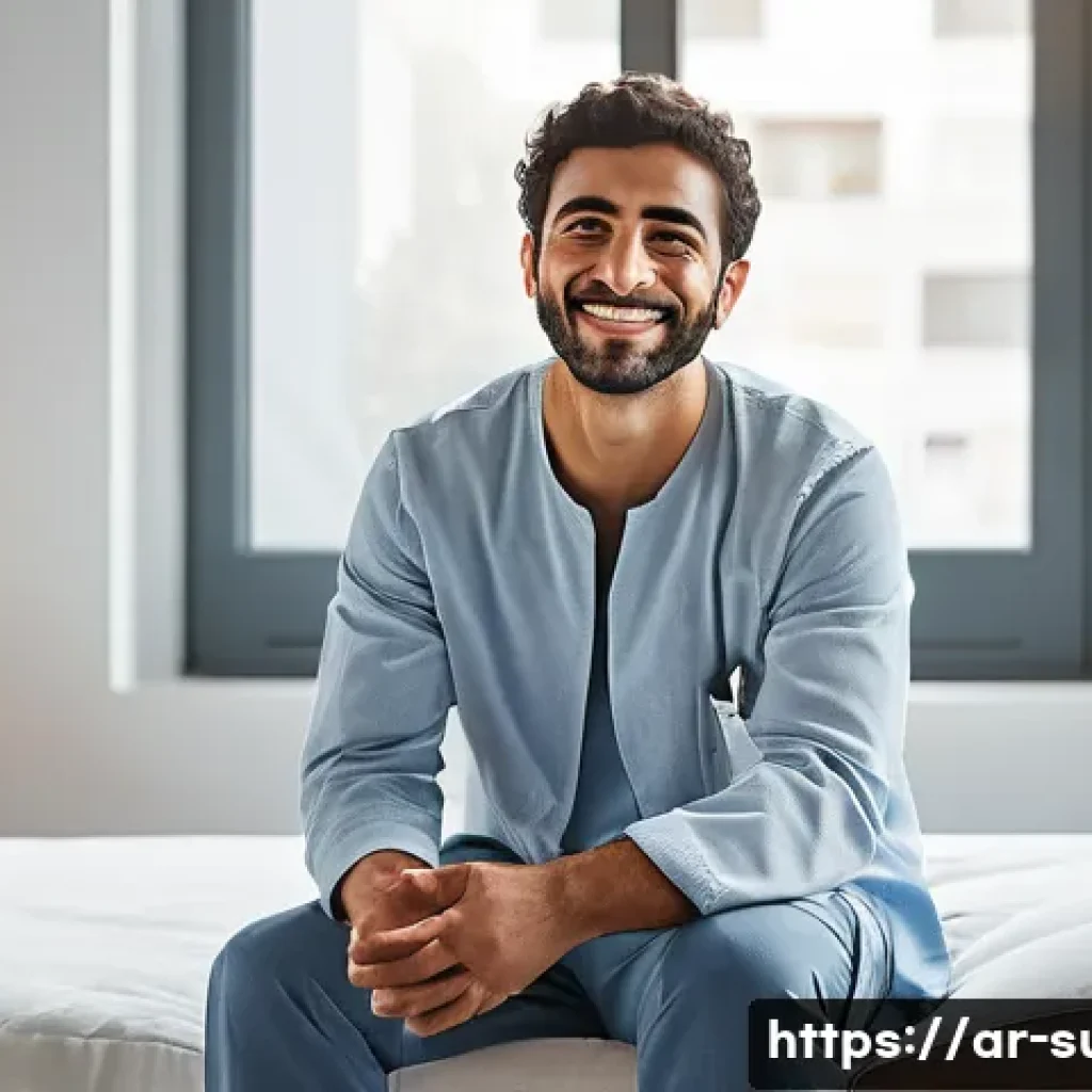 치질 레이저 시술 후기 - A serene and hopeful individual, of Middle Eastern descent, sits comfortably at home, smiling gently...