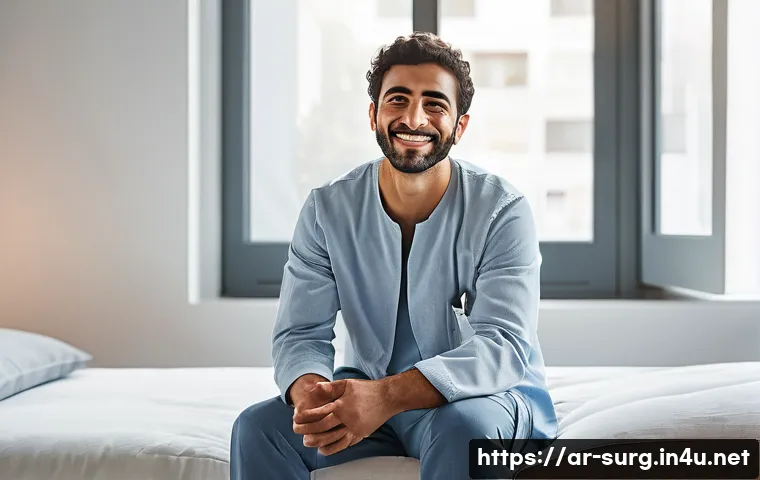 치질 레이저 시술 후기 - A serene and hopeful individual, of Middle Eastern descent, sits comfortably at home, smiling gently...