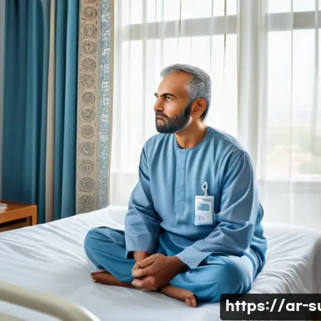 대장암 수술 후 관리 - A serene hospital recovery room scene featuring an Arabic middle-aged male patient sitting comfortab...