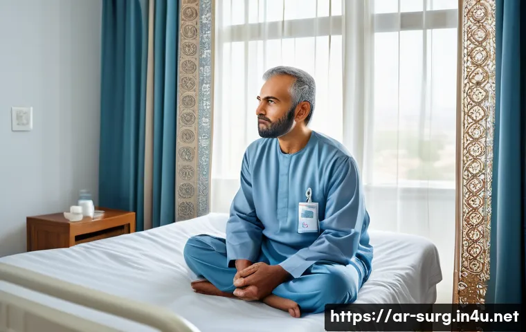 대장암 수술 후 관리 - A serene hospital recovery room scene featuring an Arabic middle-aged male patient sitting comfortab...