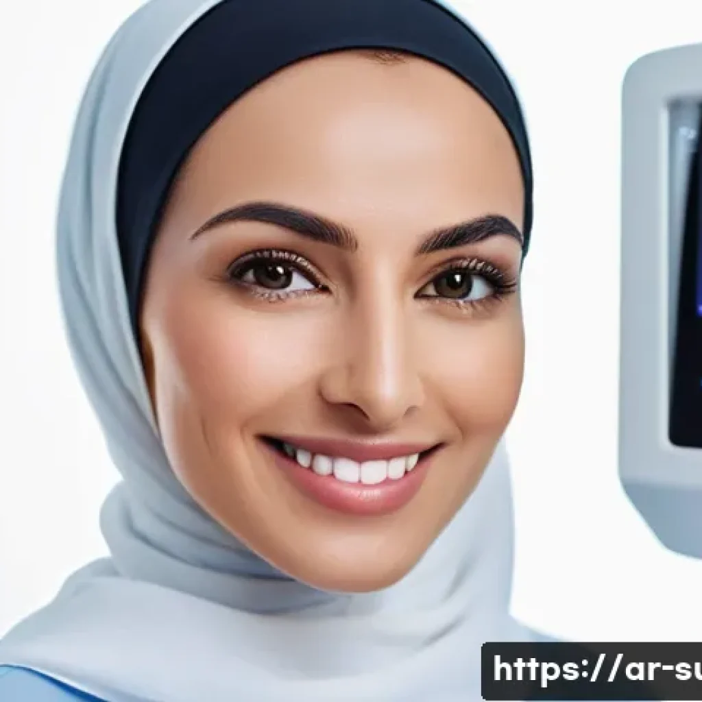 외과 흉터 제거 시술 - A close-up portrait of an Arabic woman in her 30s with a gentle smile, showing smooth skin on her fa...