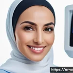 외과 흉터 제거 시술 - A close-up portrait of an Arabic woman in her 30s with a gentle smile, showing smooth skin on her fa...