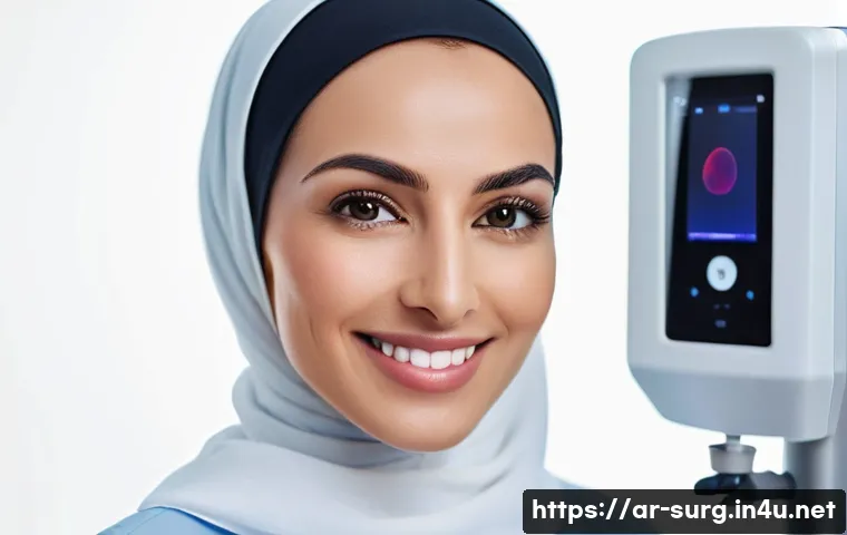 외과 흉터 제거 시술 - A close-up portrait of an Arabic woman in her 30s with a gentle smile, showing smooth skin on her fa...