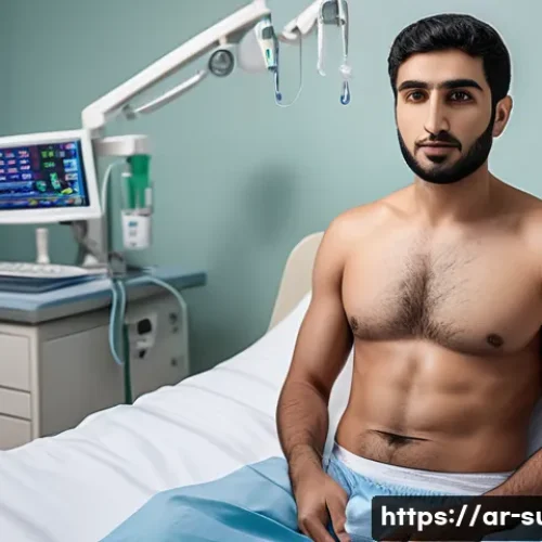 복강경 수술과 개복 수술 비교 - A detailed medical illustration showing a Middle Eastern adult male patient in a hospital recovery r...