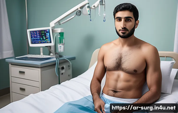복강경 수술과 개복 수술 비교 - A detailed medical illustration showing a Middle Eastern adult male patient in a hospital recovery r...