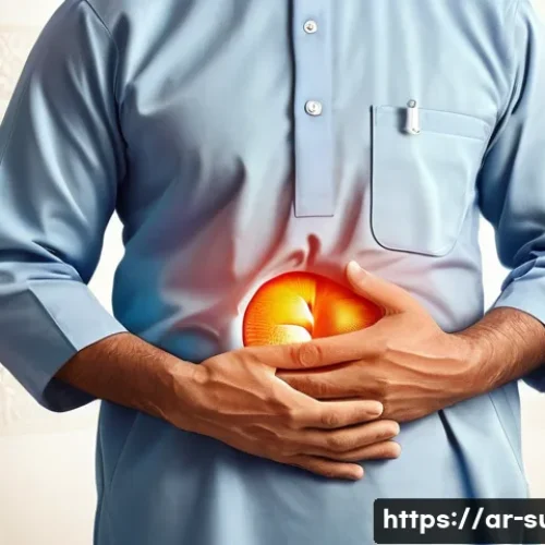 맹장염 진단 기준 - A detailed medical illustration showing the progression of appendicitis pain in an adult Middle East...
