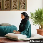 담석증 통증 완화 방법 - A serene Middle Eastern woman in her 30s sitting comfortably on a traditional Majlis cushion, gently...