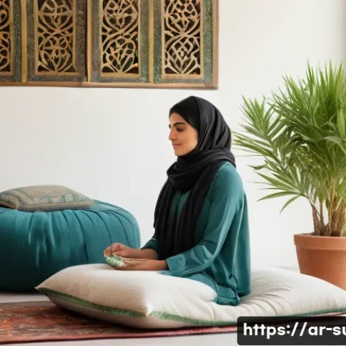 담석증 통증 완화 방법 - A serene Middle Eastern woman in her 30s sitting comfortably on a traditional Majlis cushion, gently...