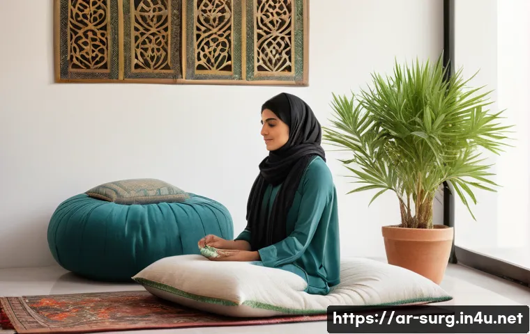담석증 통증 완화 방법 - A serene Middle Eastern woman in her 30s sitting comfortably on a traditional Majlis cushion, gently...