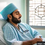 외과 수술 후 관리법 - A serene hospital recovery room scene featuring a Middle Eastern adult patient resting peacefully on...