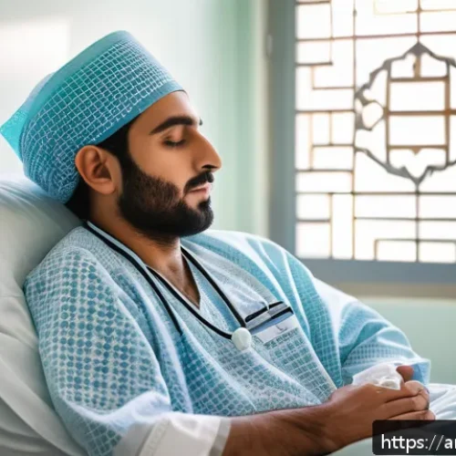 외과 수술 후 관리법 - A serene hospital recovery room scene featuring a Middle Eastern adult patient resting peacefully on...