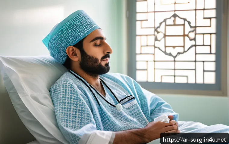 외과 수술 후 관리법 - A serene hospital recovery room scene featuring a Middle Eastern adult patient resting peacefully on...