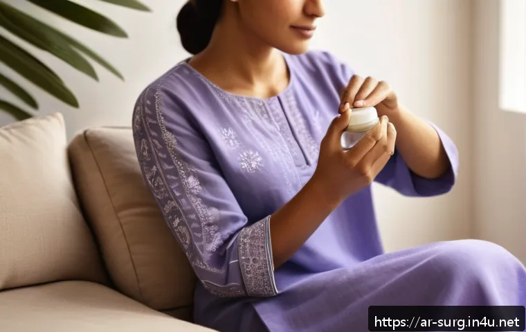 외과 흉터 없애는 방법 - A serene Middle Eastern woman gently applying natural lavender and coconut oils to a healing surgica...