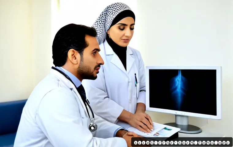 위암 전이 증상 - Photorealistic hospital consultation scene, a middle-aged Arab man in modest clothing seated beside ...