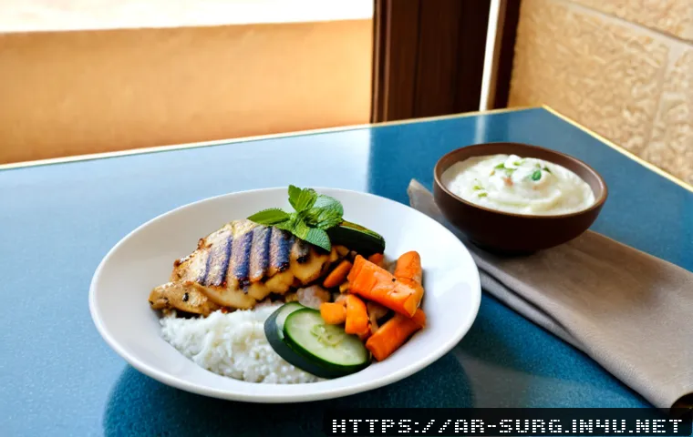 담석증 제거 후 식단 - Photorealistic healthy post-gallbladder-removal meal on a sunlit Middle Eastern kitchen table: grill...