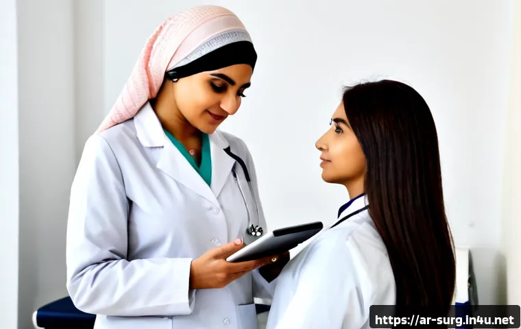 Home 17 갑상선 결절 치료 - Photorealistic Middle Eastern female endocrinologist in a modest white coat consulting with an adult...