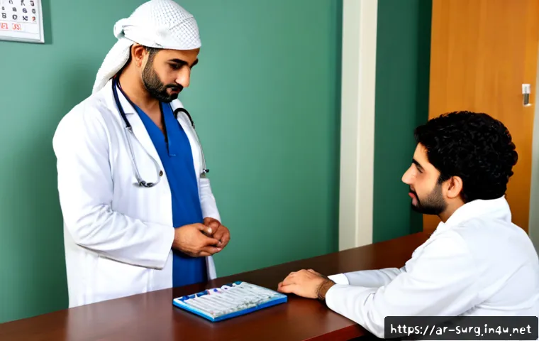 Home 17 담낭염 치료 기간 - Photorealistic hospital consultation in a modern Middle Eastern clinic, compassionate Arab doctor in...